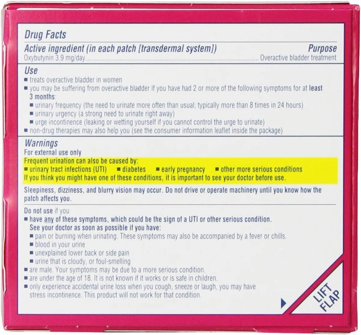 The back panel of the Oxytrol for Women box of 8 patches with the Drug Facts label