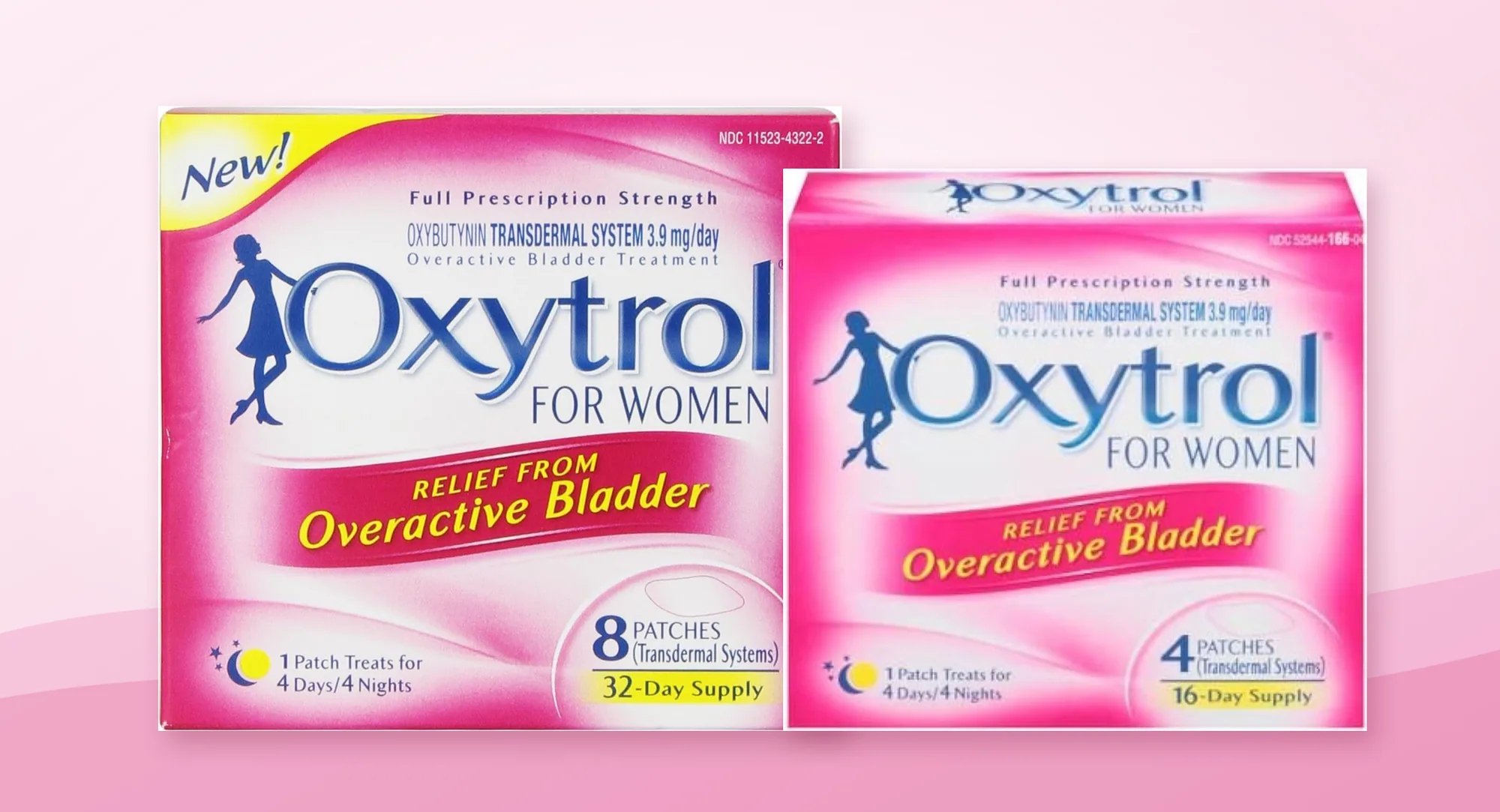 Oxytrol for Women boxes of 8 patches and 4 patches side by side