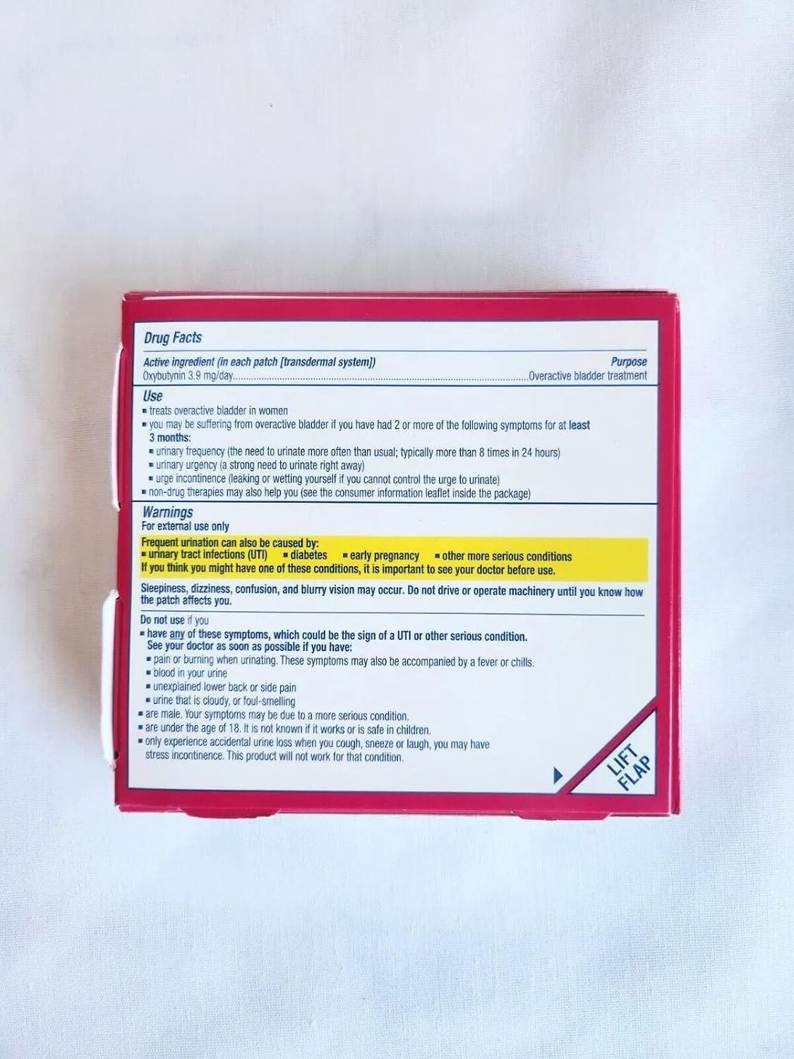 A photo of the Oxytrol for Women box of 4 patches, back panel with the Drug Facts label